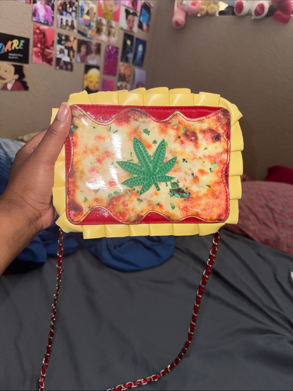 Dolls Kill Yellow Red Pizza Leaf Crossbody Bag